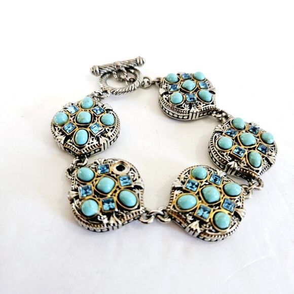 Vintage Sterling Silver Bronze Faux Turquoise Rhinestone Chunky Linked Bracelet - Picture 1 of 6